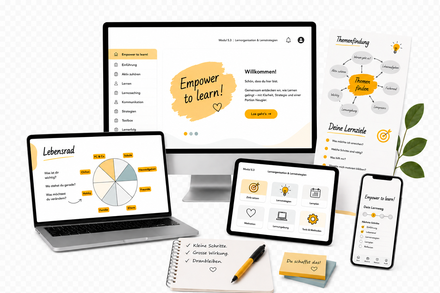 Lerncoach-Ausbildung: Lernplattform, Lehrbriefe und Arbeitsmaterialien auf Laptop, Tablet und Smartphone
