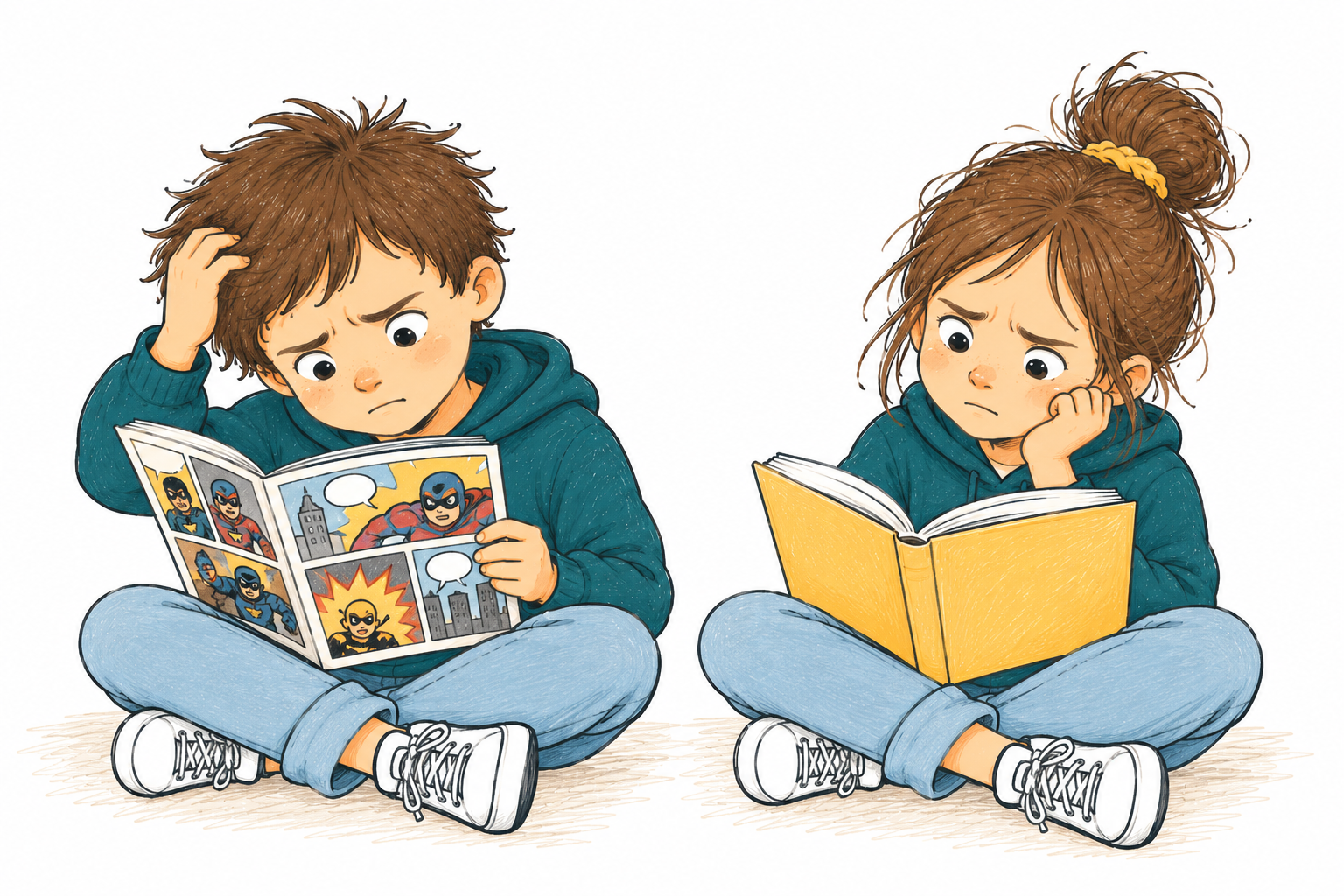Benni mit Comic, Lisa mit Buch