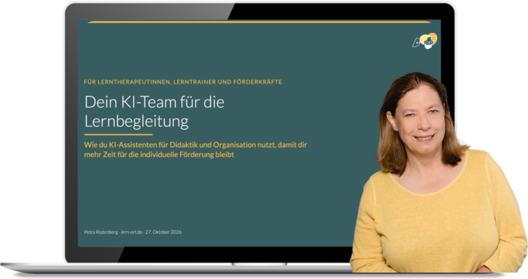 Petra Rodenberg am Laptop mit der Startfolie des Webinars „Dein KI-Team für die Lernbegleitung“